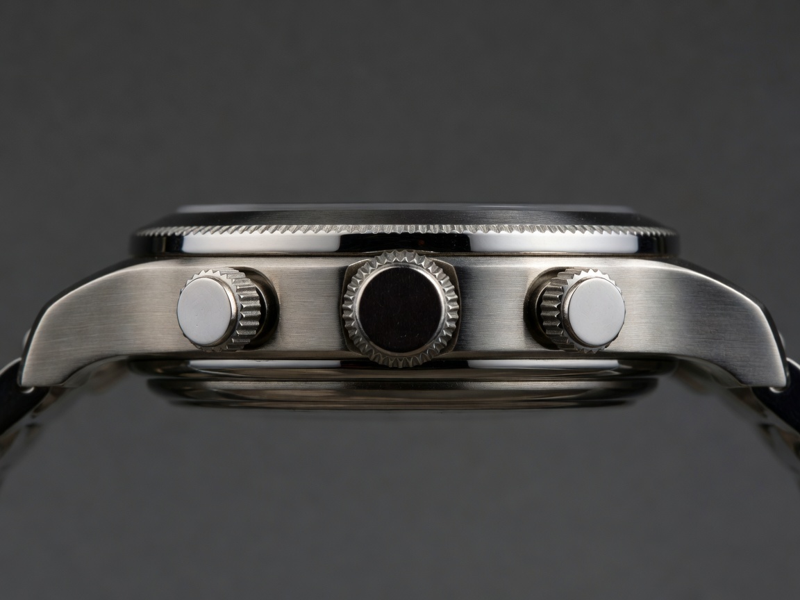 Pump pushers on the side of a steel watch case