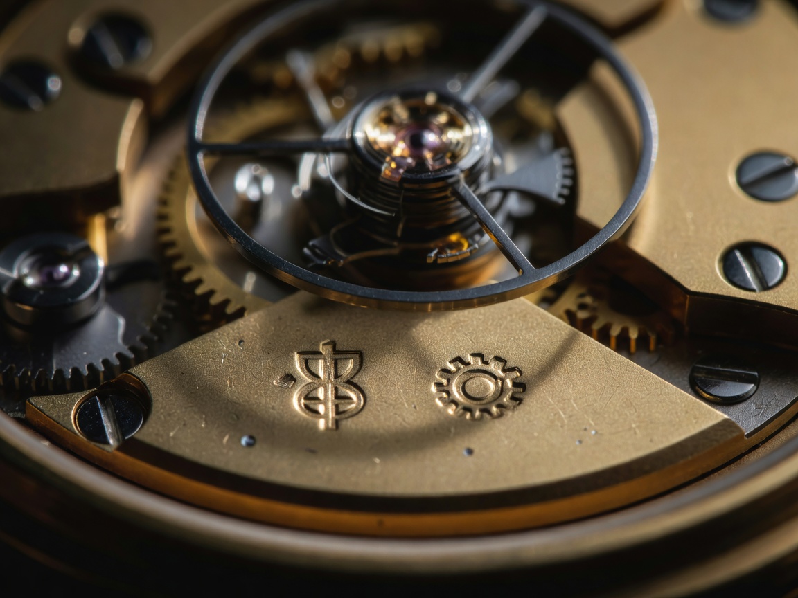Macro shot of a maker's mark stamped beneath a balance wheel