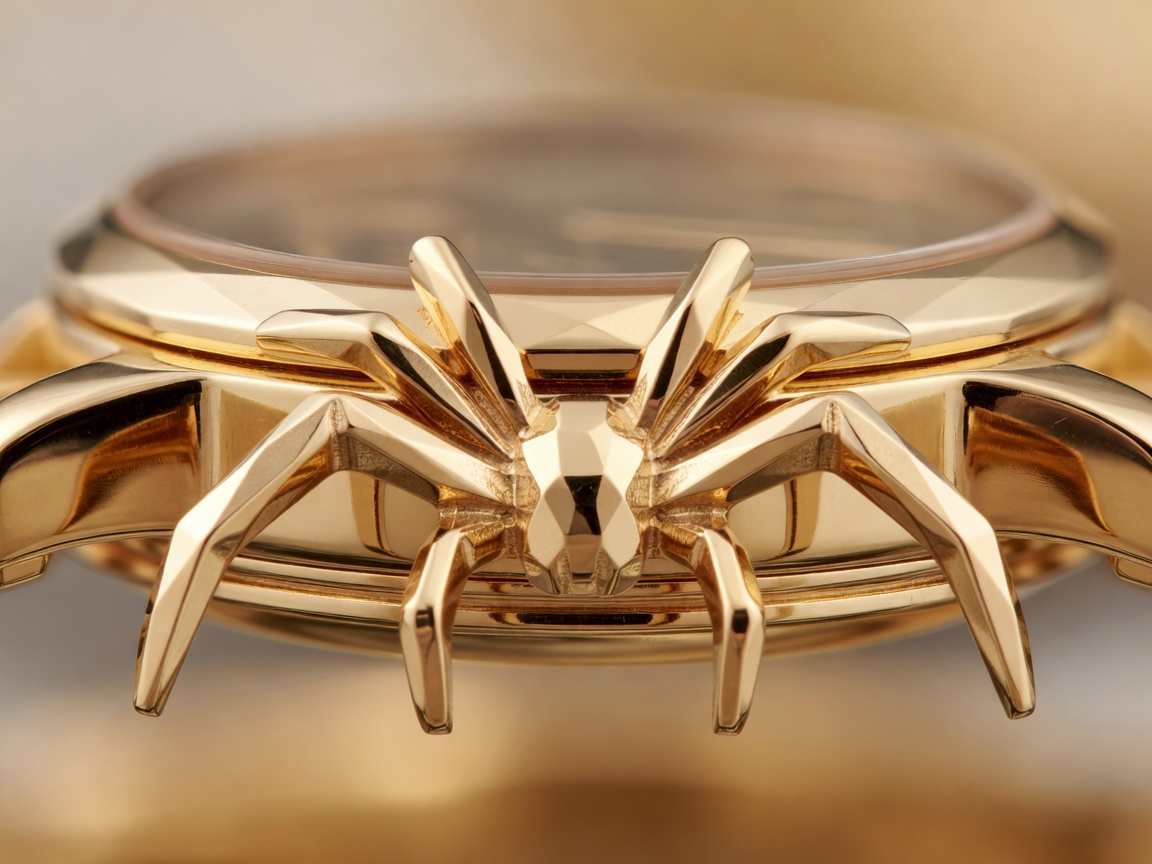Macro shot of faceted spider lugs on a gold watch case